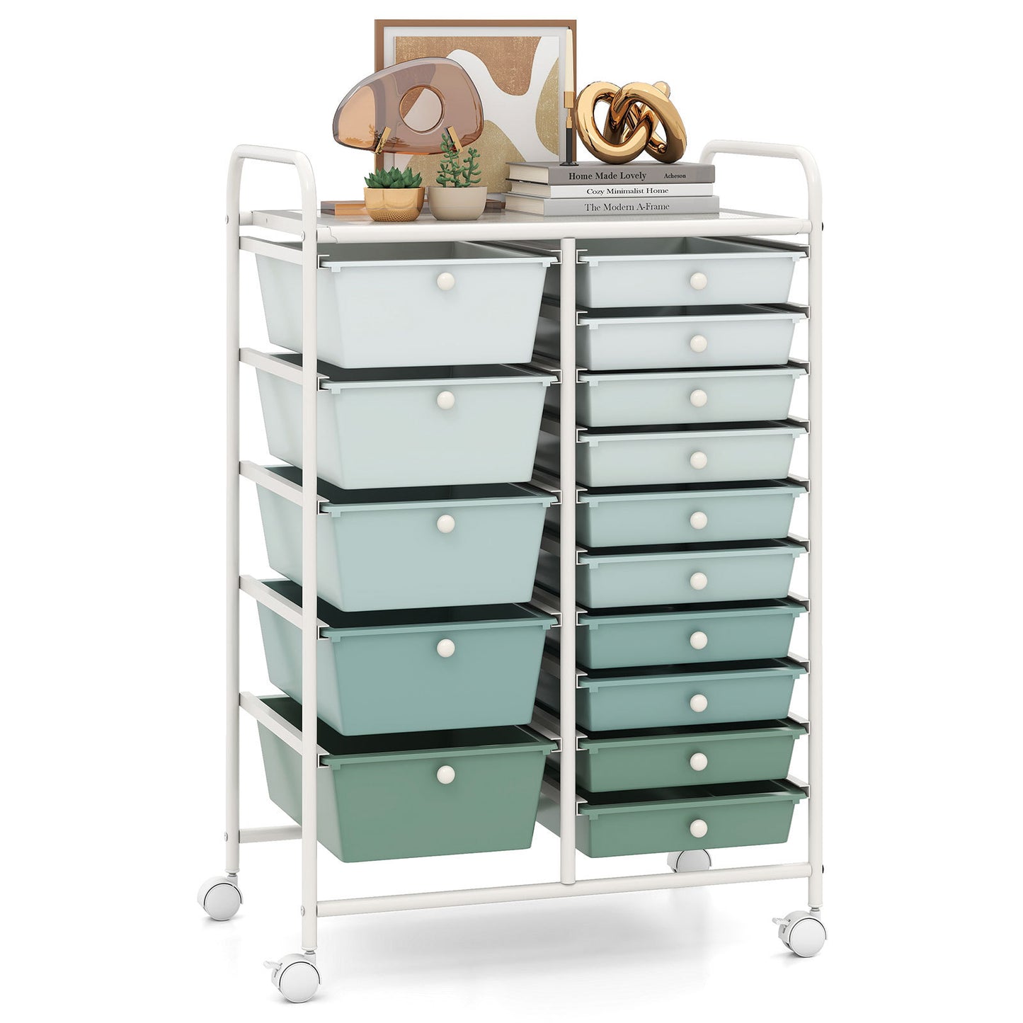 Costway Rolbare Opslagtrolley met 15 Lades Multifunctionele Trolley met Uitneembare Lades en Vergrendelbare Wielen Groen