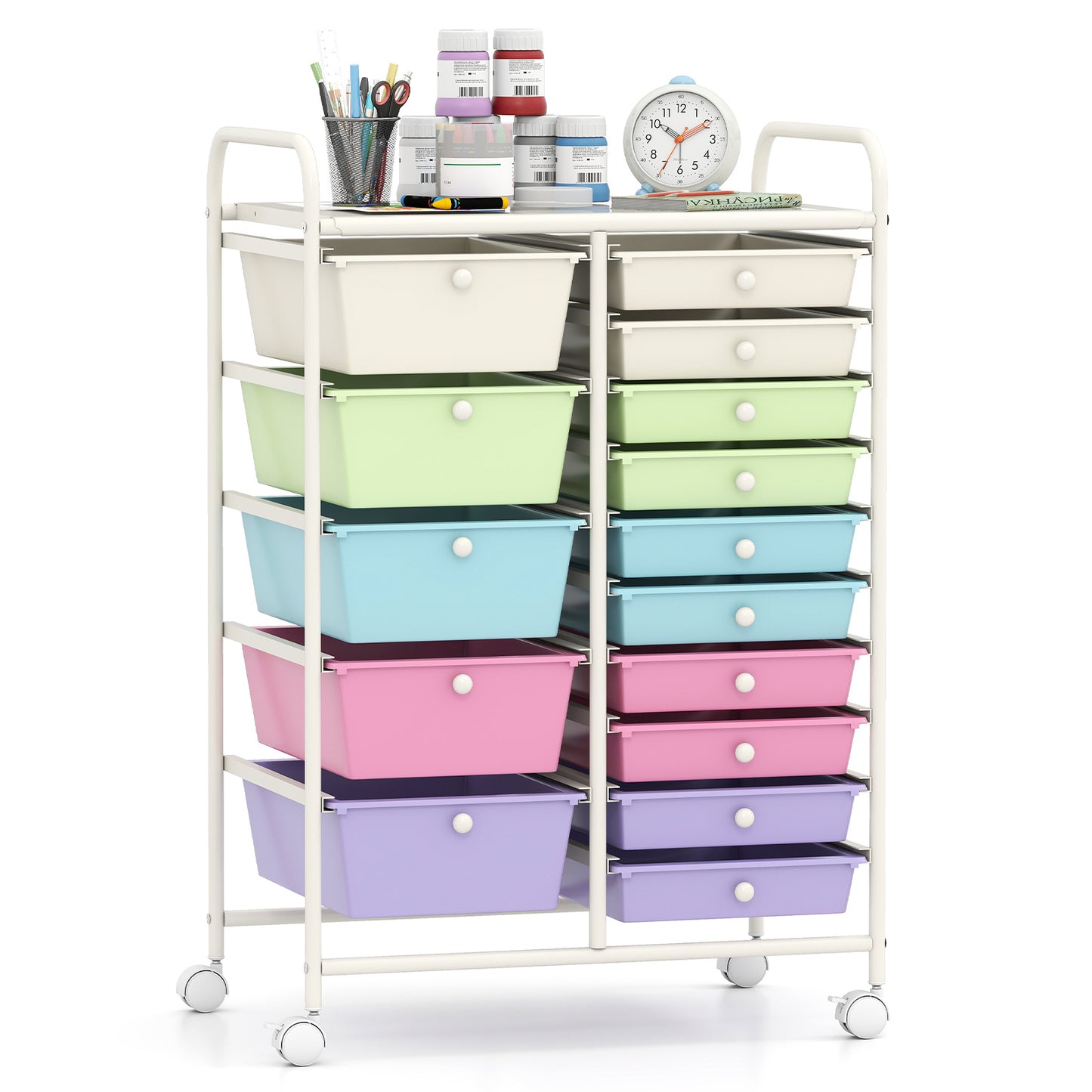 Costway Rolbare Opslagtrolley met 15 Lades Multifunctionele Trolley met Uitneembare Lades en Vergrendelbare Wielen Multicolor
