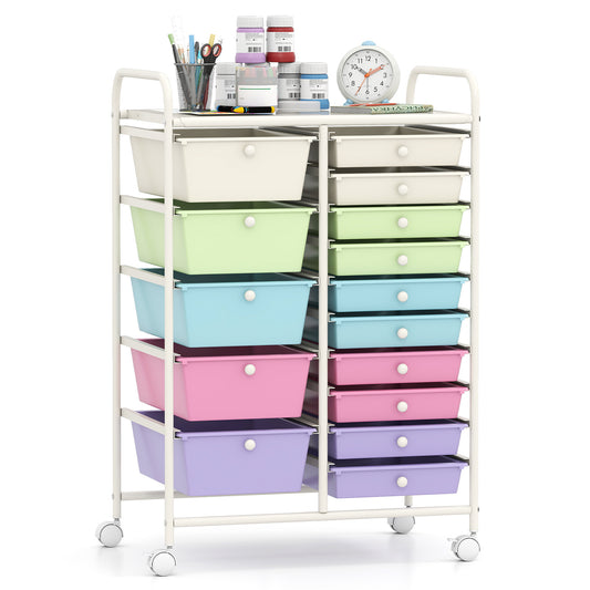 Costway Rolbare Opslagtrolley met 15 Lades Multifunctionele Trolley met Uitneembare Lades en Vergrendelbare Wielen Multicolor