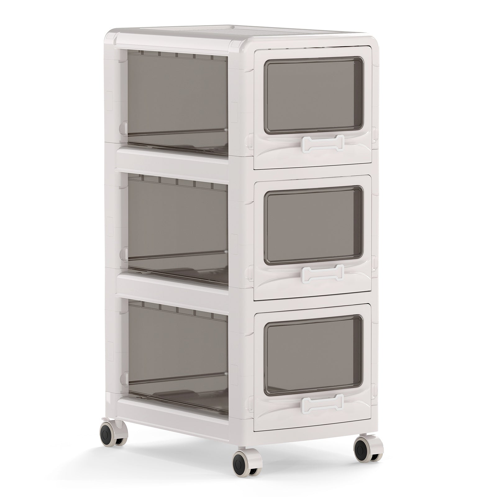 Costway Rolcontainer met 3 Lades Kunststof Opbergwagen met PU-wieltjes en Transparante Fronten 42 x 28 x 70,5 cm Wit