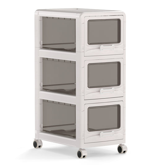 Costway Rolcontainer met 3 Lades Kunststof Opbergwagen met PU-wieltjes en Transparante Fronten 42 x 28 x 70,5 cm Wit