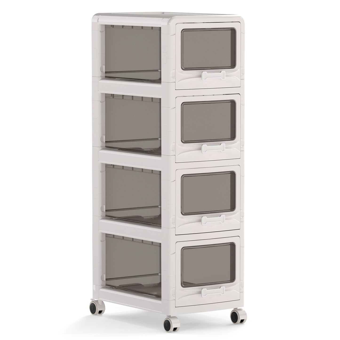 Costway Rolcontainer met 4 Lades Kunststof Opbergwagen met PU-wieltjes en Transparante Fronten 42 x 28 x 91,5 cm Wit