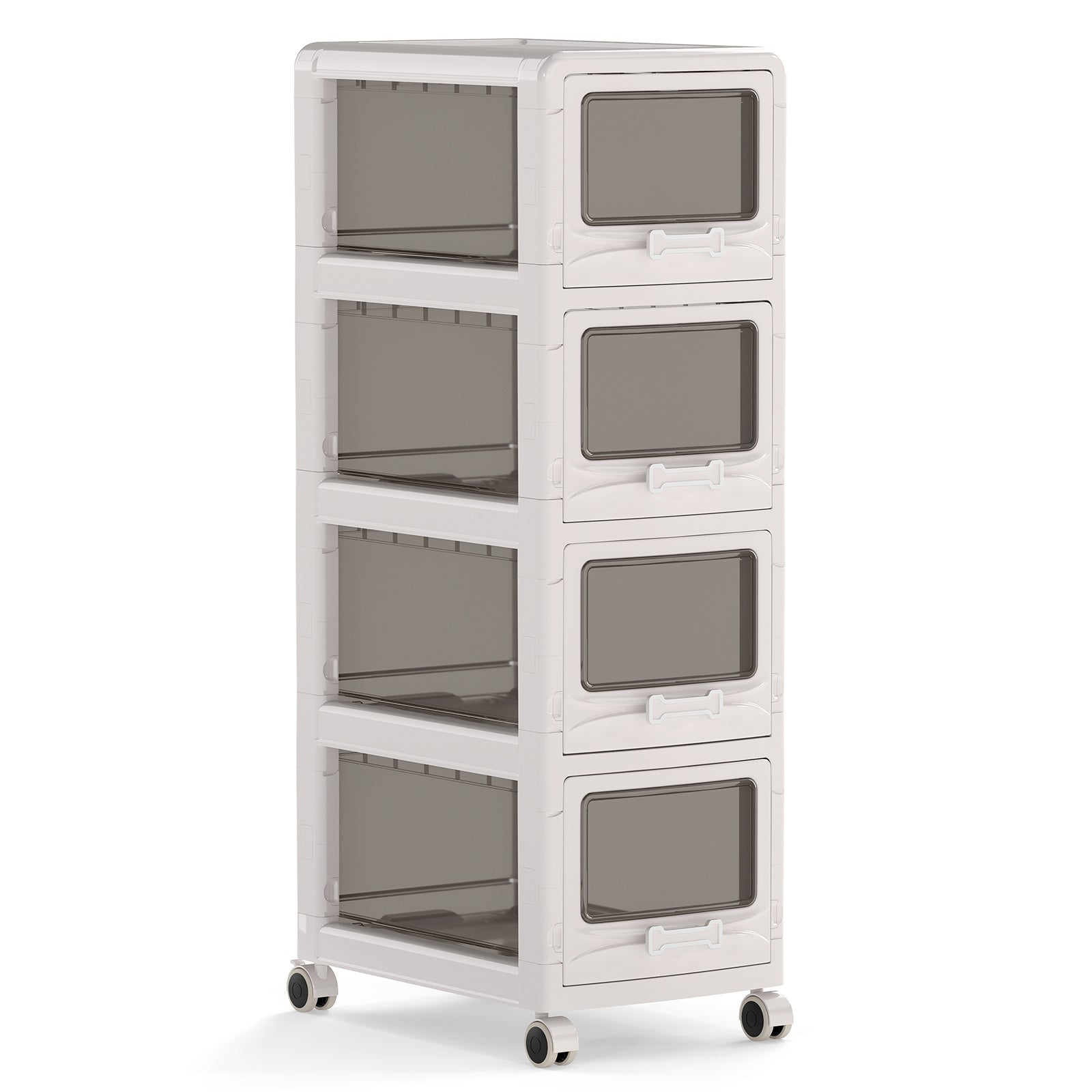 Costway Rolcontainer met 4 Lades Kunststof Opbergwagen met PU-wieltjes en Transparante Fronten 42 x 28 x 91,5 cm Wit