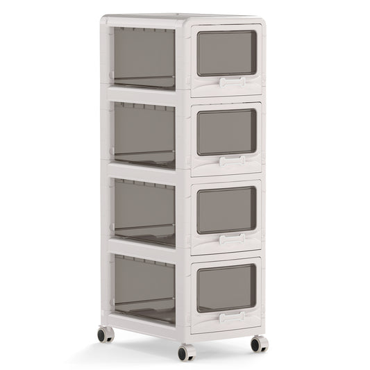 Costway Rolcontainer met 4 Lades Kunststof Opbergwagen met PU-wieltjes en Transparante Fronten 42 x 28 x 91,5 cm Wit
