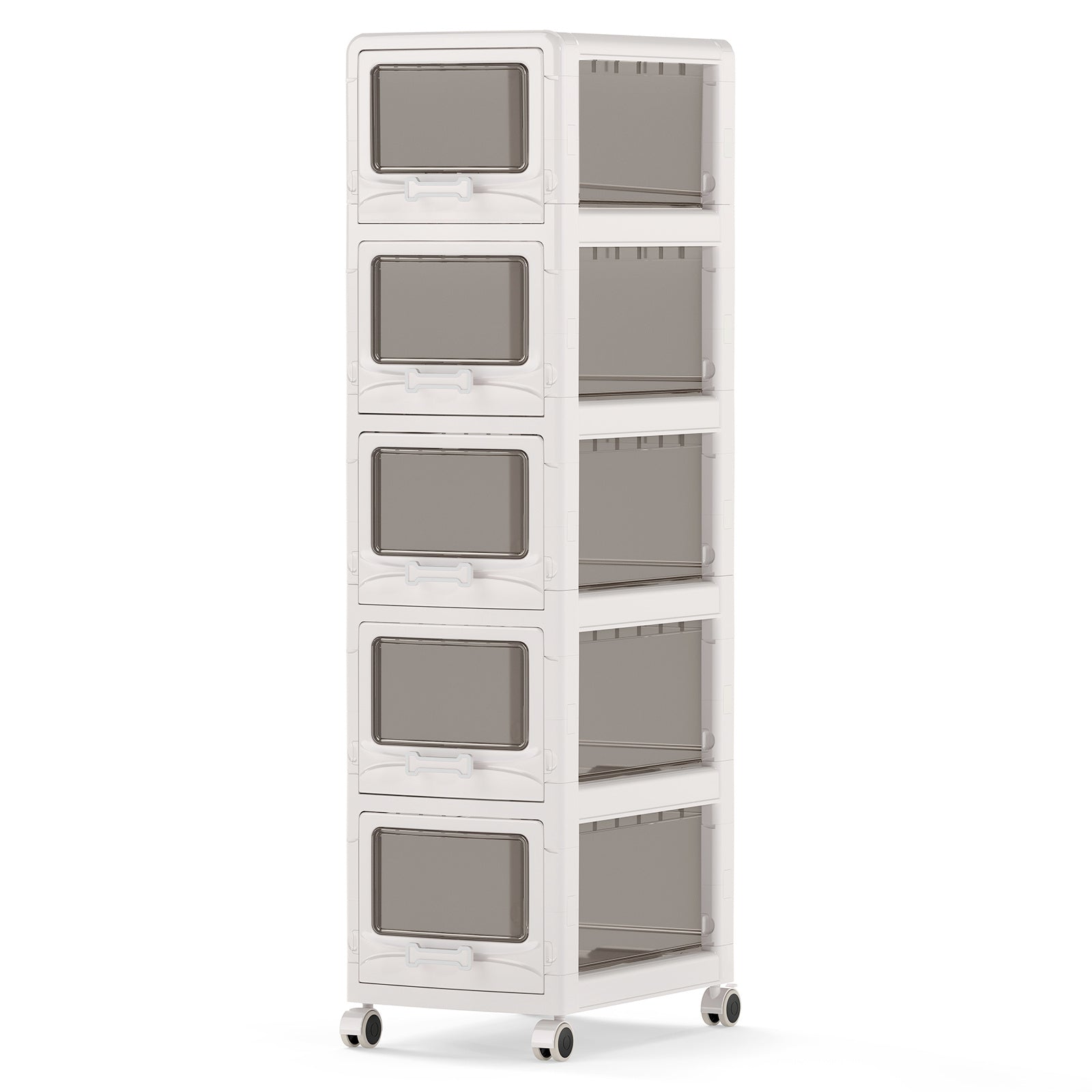 Costway Rolcontainer met 5 Lades Kunststof Opbergwagen met PU-wieltjes en Transparante Fronten 42 x 28 x 112,5 cm Wit