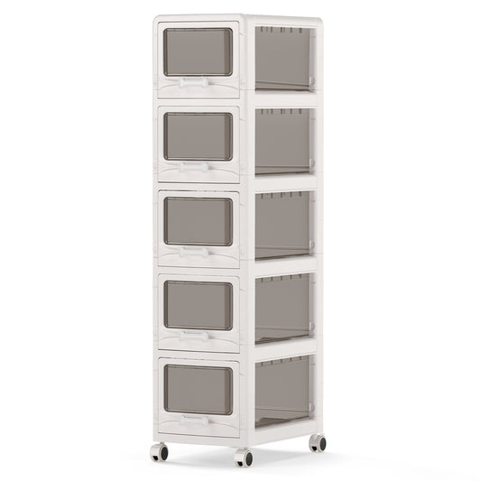 Costway Rolcontainer met 5 Lades Kunststof Opbergwagen met PU-wieltjes en Transparante Fronten 42 x 28 x 112,5 cm Wit
