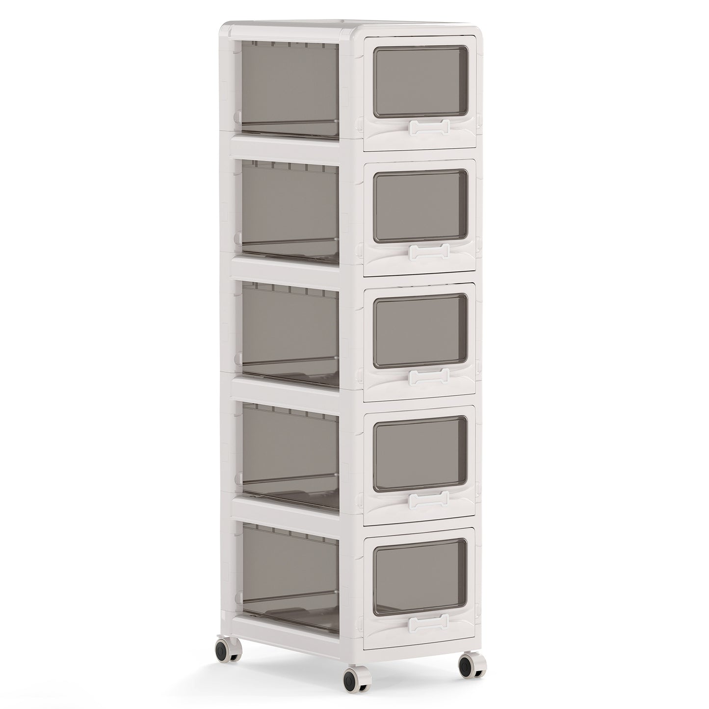 Costway Rolcontainer met 5 Lades Kunststof Opbergwagen met PU-wieltjes en Transparante Fronten 42 x 28 x 112,5 cm Wit