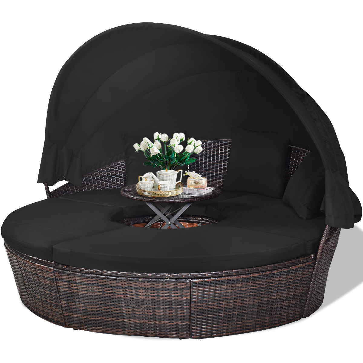 Costway Rond Rotan Tuinbed met Oprolbare Luifel Aparte Zitplaatsen Modulair Bankstel
