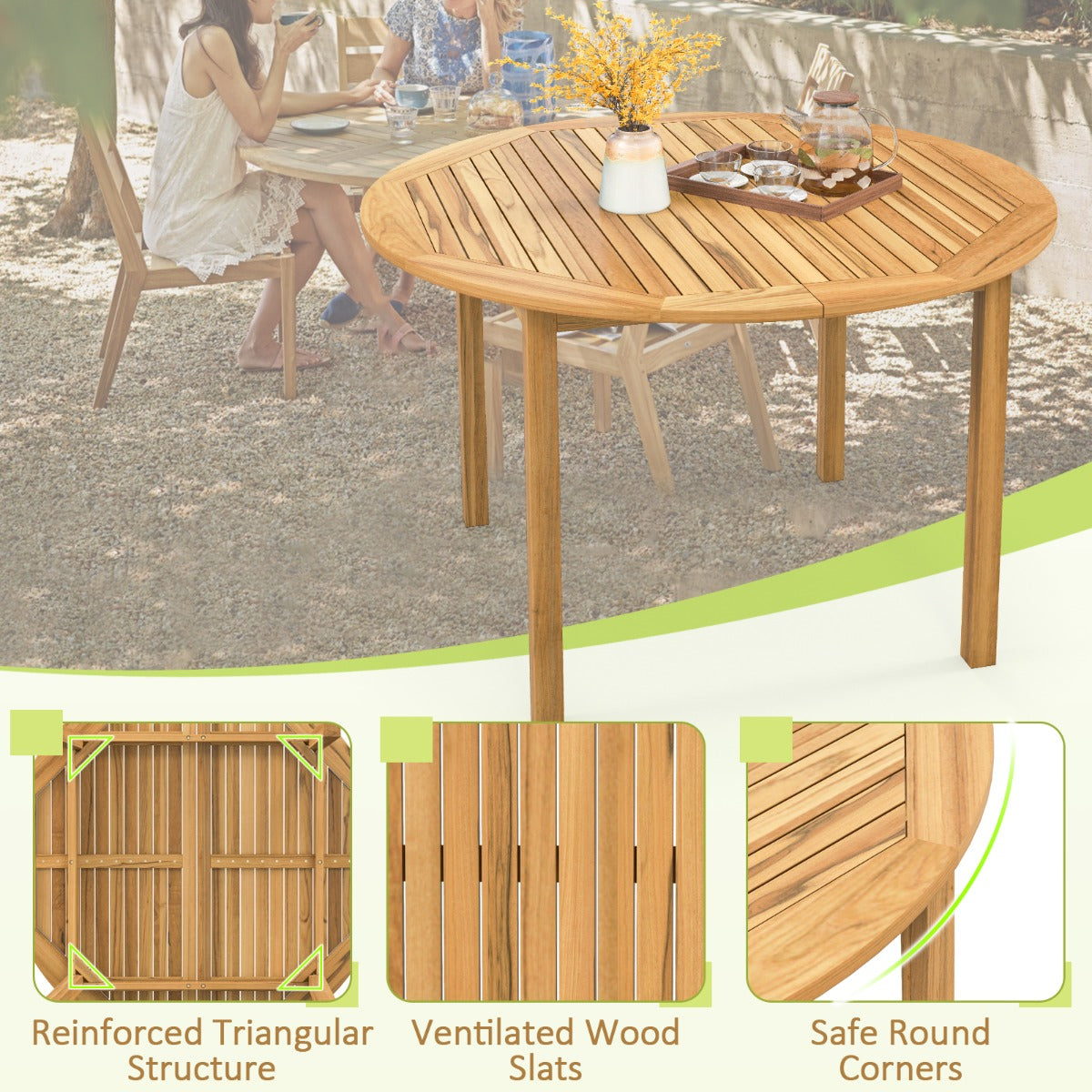 Costway Ronde Eettafel voor Buiten Eettafel van Acaciahout Grote Eettafel voor 4 Personen Bistrotafel in Boerderijpatio voor Tuin Terras Natuur