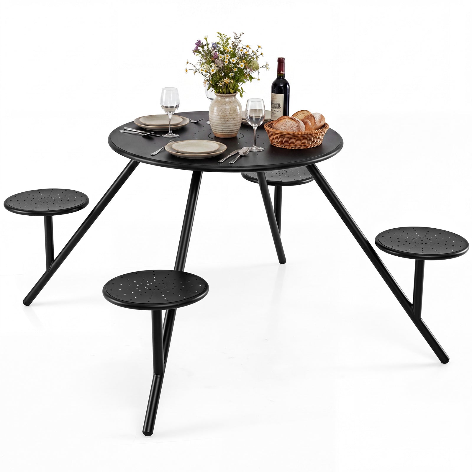 Costway Ronde Picknicktafel voor 4 Personen Tuinset met 4 Ingebouwde Stoelen Zwart