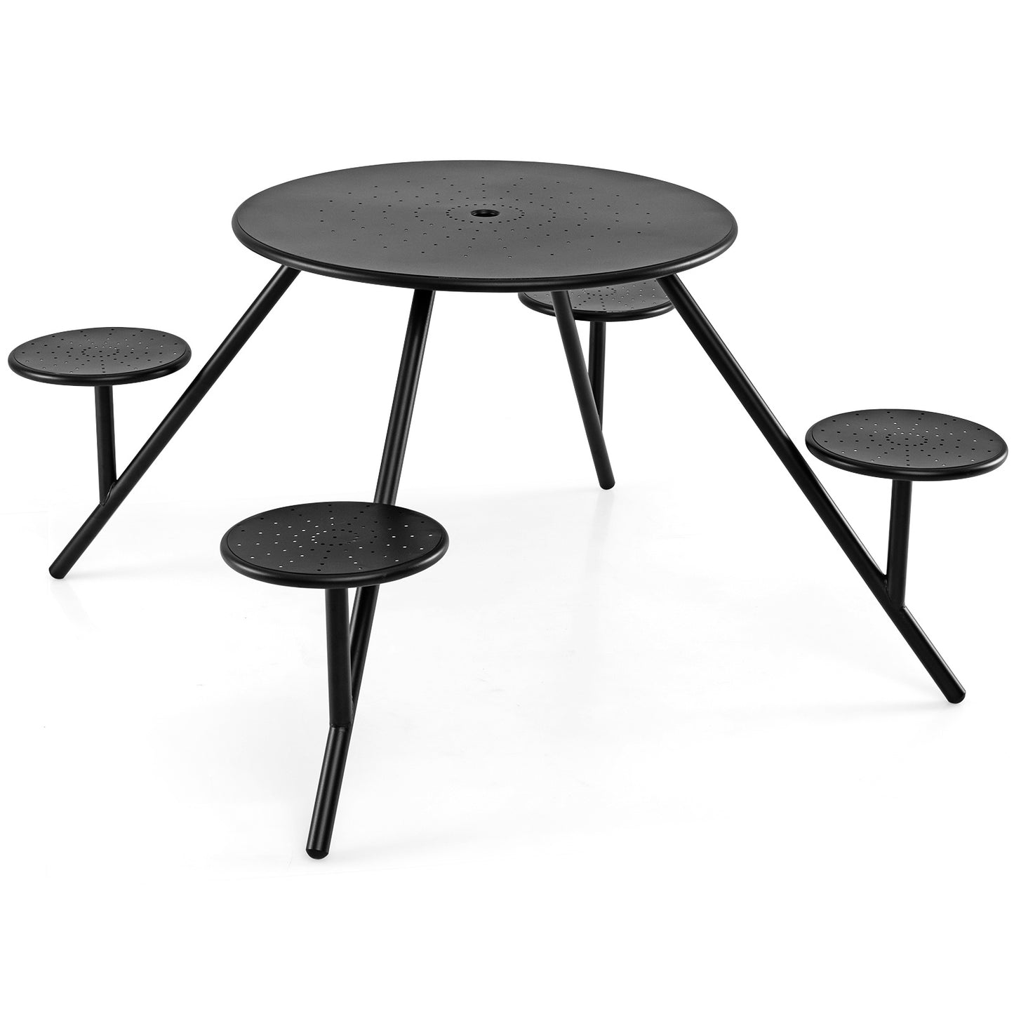 Costway Ronde Picknicktafel voor 4 Personen Tuinset met 4 Ingebouwde Stoelen Zwart