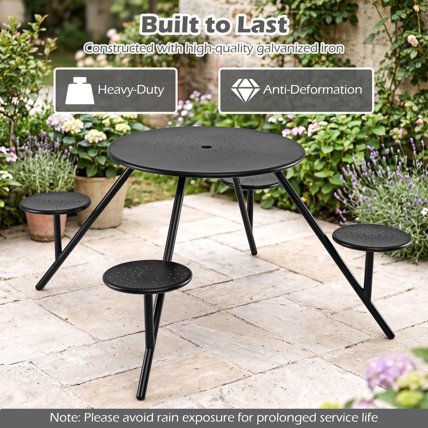 Costway Ronde Picknicktafel voor 4 Personen Tuinset met 4 Ingebouwde Stoelen Zwart