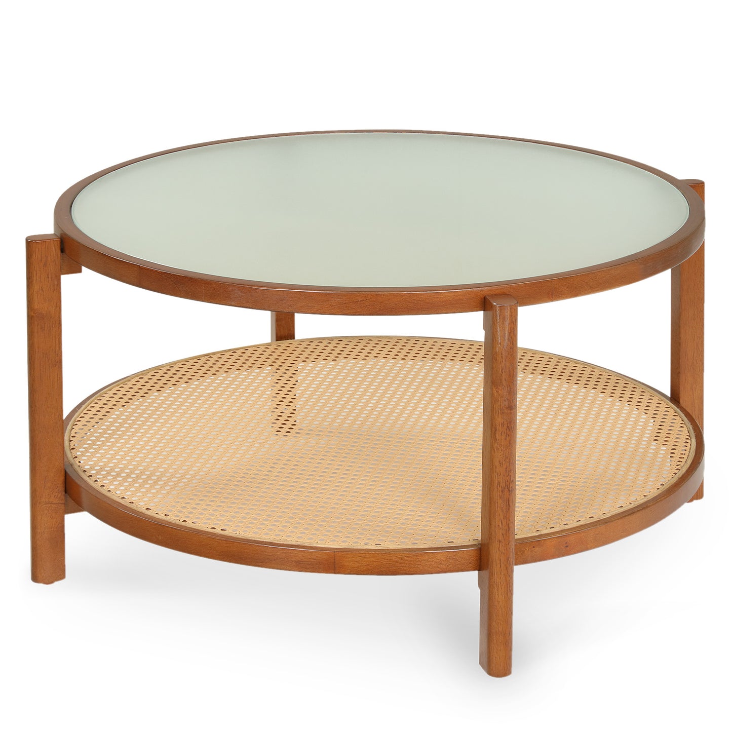 Costway Ronde Salontafel 2-niveaus Woonkamertafel Hout met Glazen Blad Rattan 80 x 45 cm Walnoot