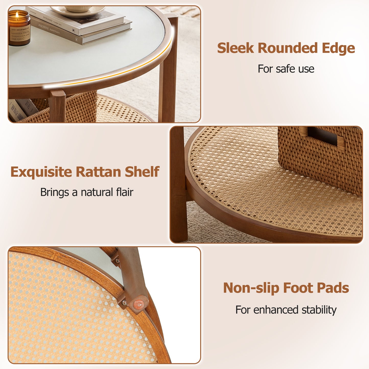Costway Ronde Salontafel 2-niveaus Woonkamertafel Hout met Glazen Blad Rattan 80 x 45 cm Walnoot
