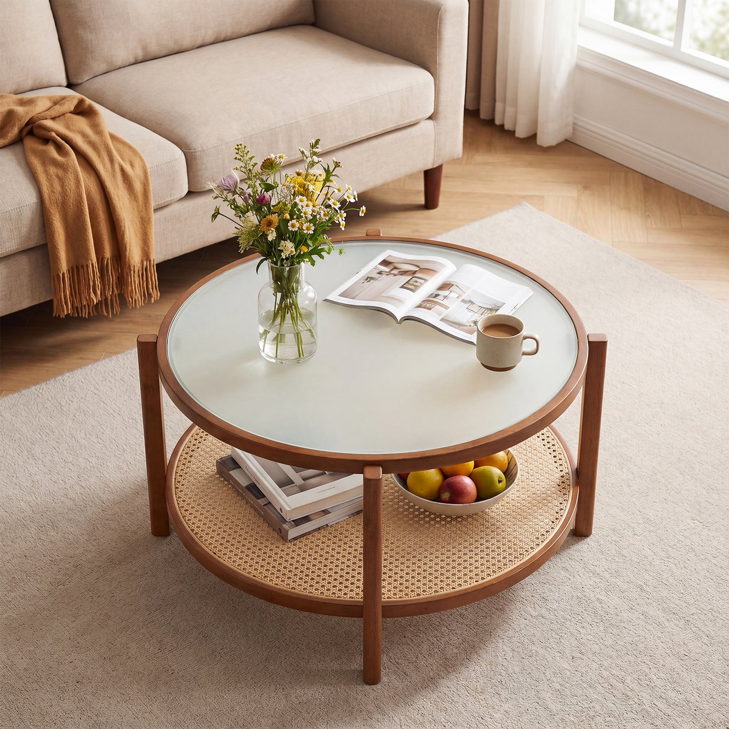 Costway Ronde Salontafel 2-niveaus Woonkamertafel Hout met Glazen Blad Rattan 80 x 45 cm Walnoot