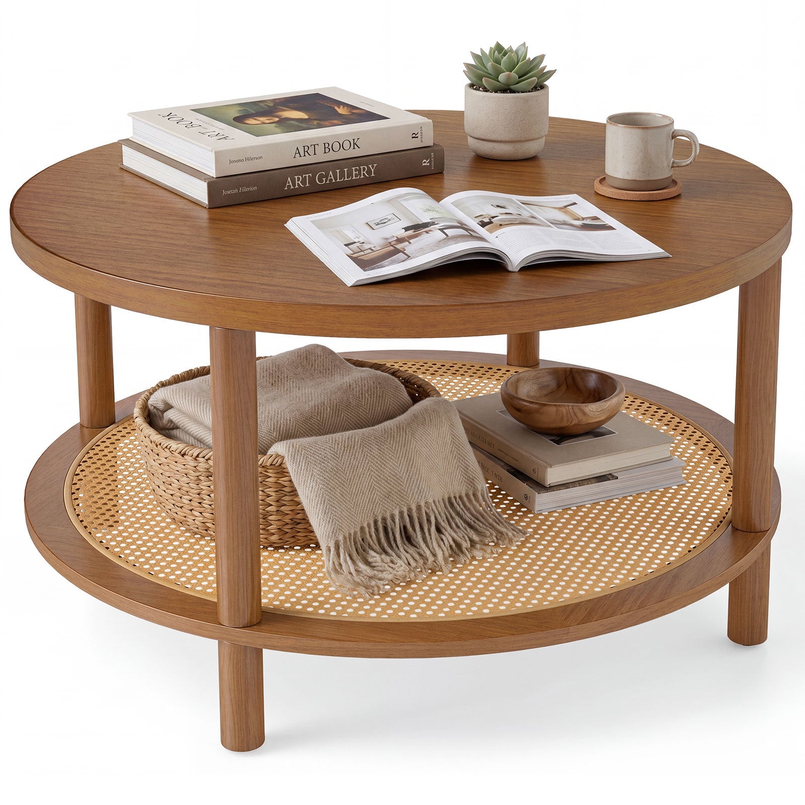 Costway Ronde Salontafel Ø80 cm Woonkamer Tafel Hout met Glazen Blad & PE-rattan Opbergruimte Koffie Tafel Bijzettafel Walnoot