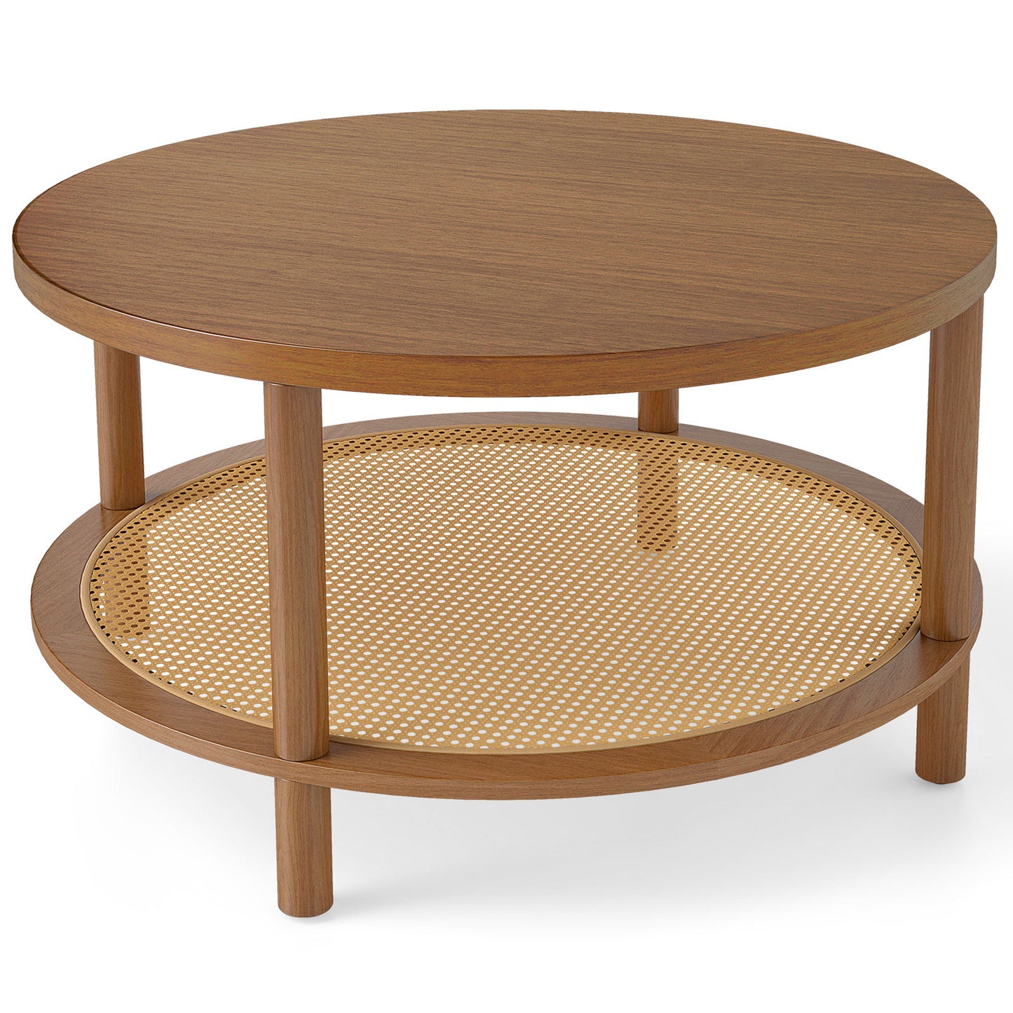 Costway Ronde Salontafel Ø80 cm Woonkamer Tafel Hout met Glazen Blad & PE-rattan Opbergruimte Koffie Tafel Bijzettafel Walnoot