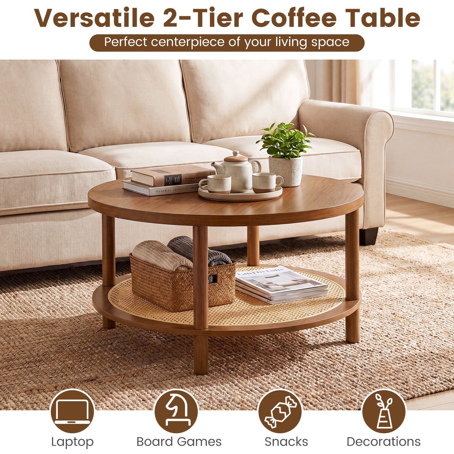 Costway Ronde Salontafel Ø80 cm Woonkamer Tafel Hout met Glazen Blad & PE-rattan Opbergruimte Koffie Tafel Bijzettafel Walnoot