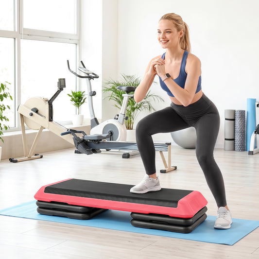 Costway Rood Aerobic Stepper Hoogteverstelbaar Fitness Stepper met 4 Steunblokken Antislip Gestructureerd Oppervlak Stepboard van PE
