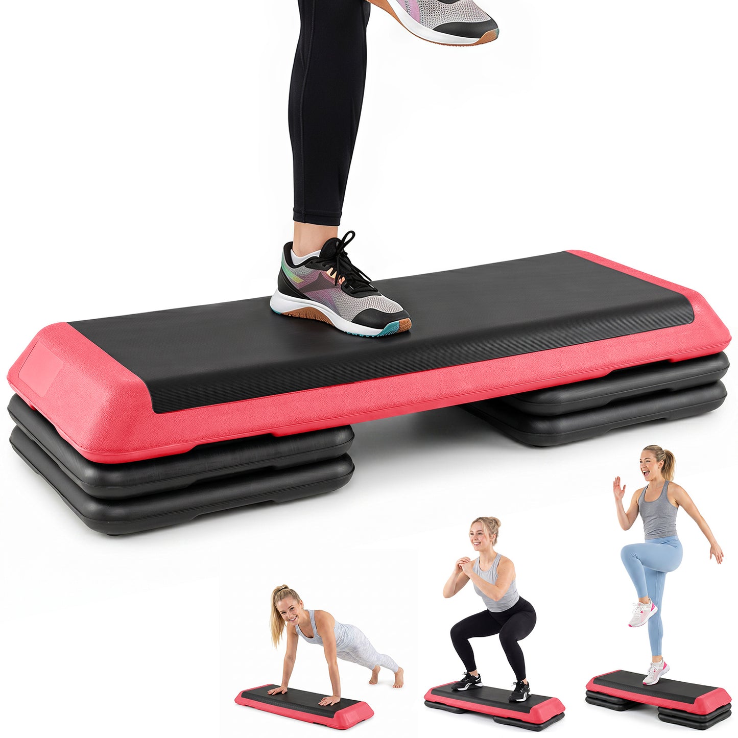 Costway Rood Aerobic Stepper Hoogteverstelbaar Fitness Stepper met 4 Steunblokken Antislip Gestructureerd Oppervlak Stepboard van PE