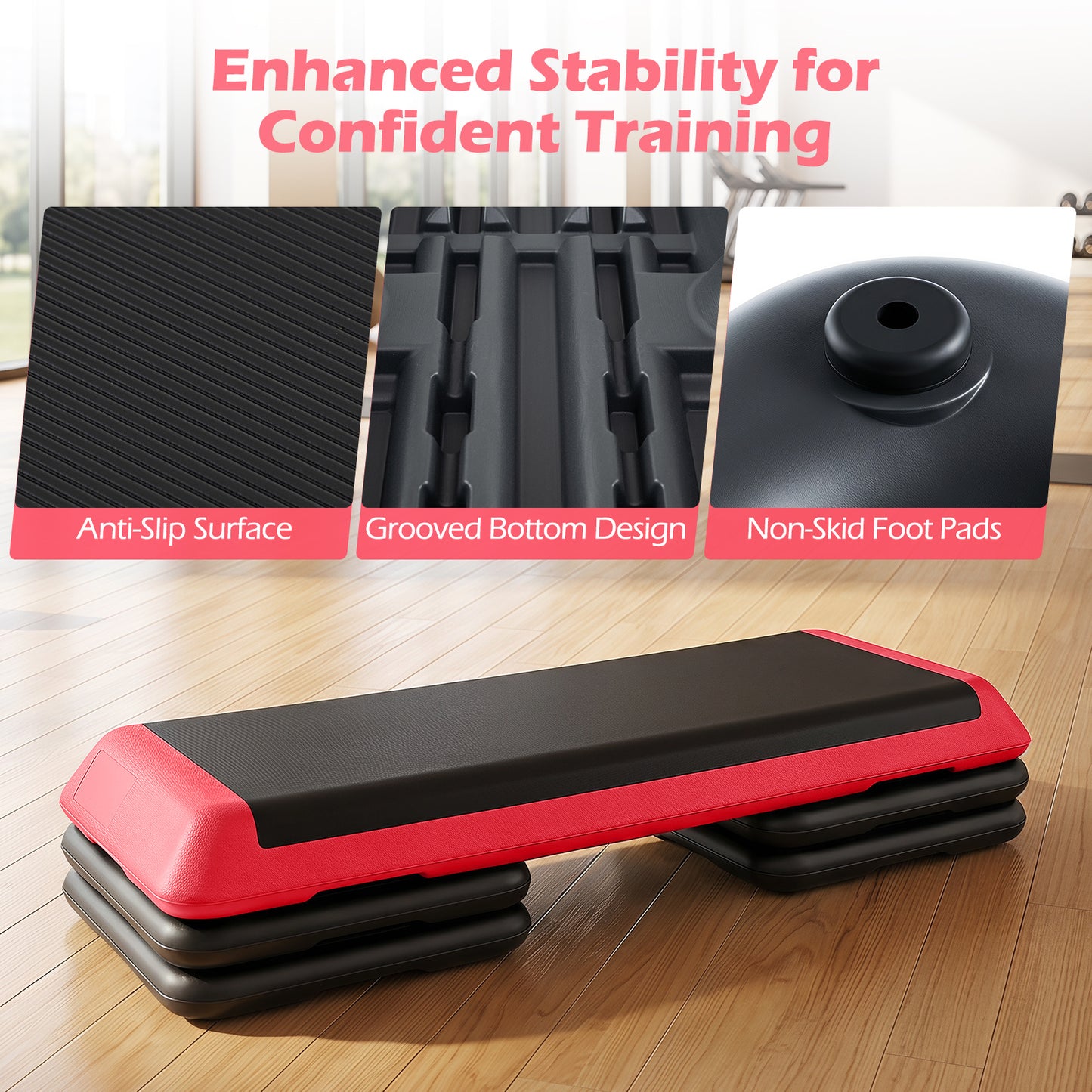 Costway Rood Aerobic Stepper Hoogteverstelbaar Fitness Stepper met 4 Steunblokken Antislip Gestructureerd Oppervlak Stepboard van PE