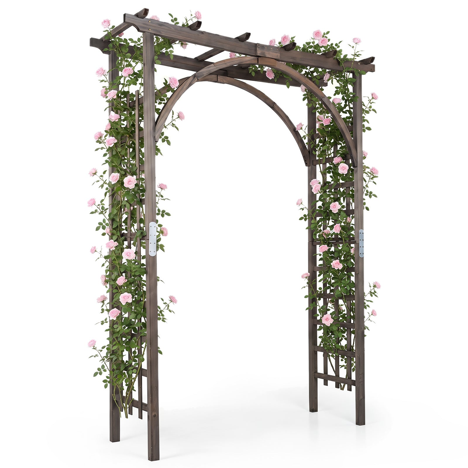 Costway Rosenboog Houten Tuinboog van Fijnhout Klimboog met Dak & Klimrekken Decoratieve Poortboog Donkerbruin