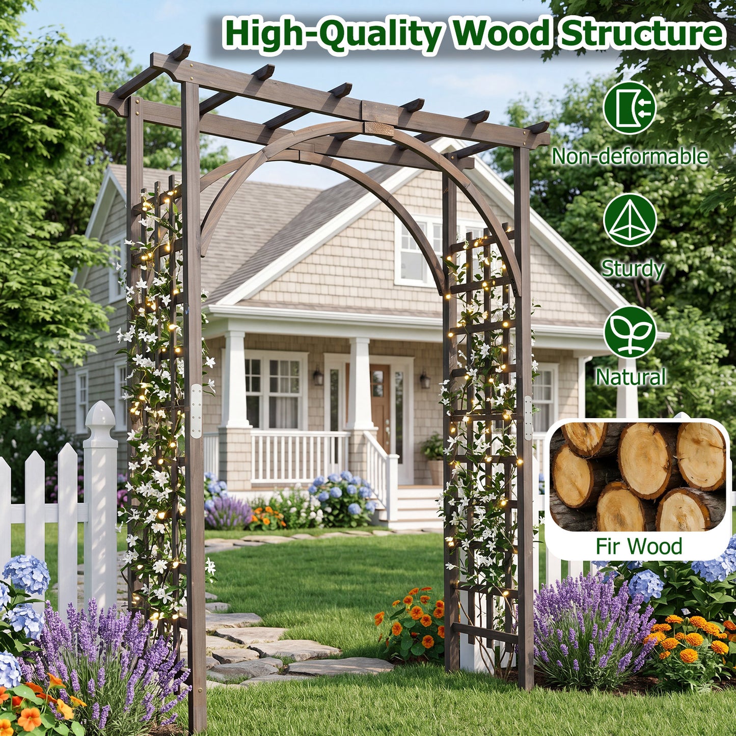 Costway Rosenboog Houten Tuinboog van Fijnhout Klimboog met Dak & Klimrekken Decoratieve Poortboog Donkerbruin