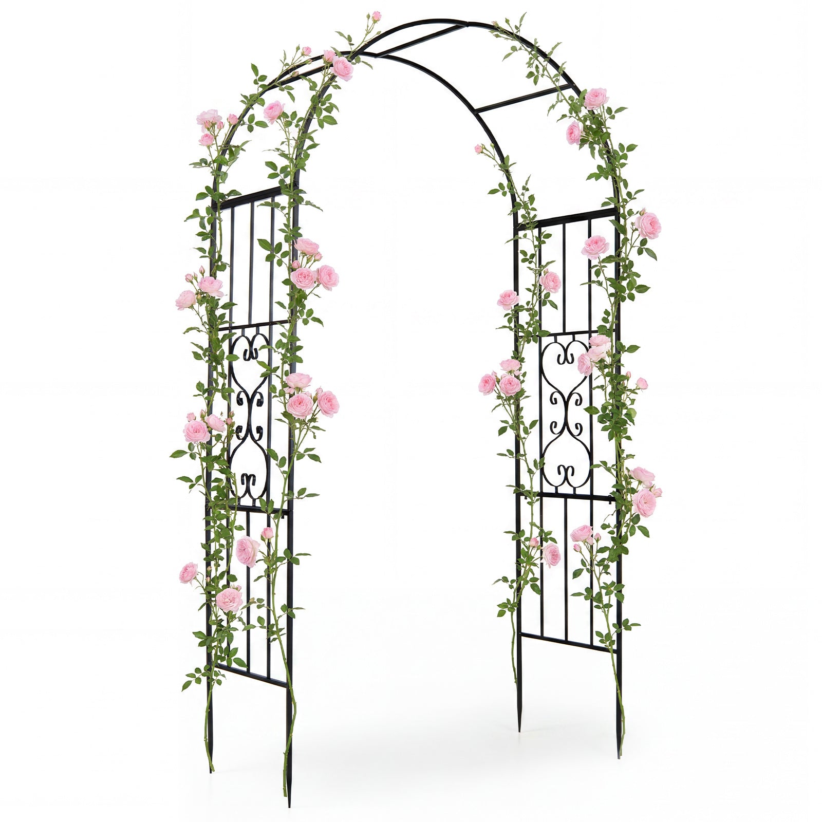Costway Rosenboog Metaal Weerbestendig Tuinboog voor Klimplanten met 4 Grondpalen Decoratieve Klimboog 117 x 57 x 231 cm Zwart