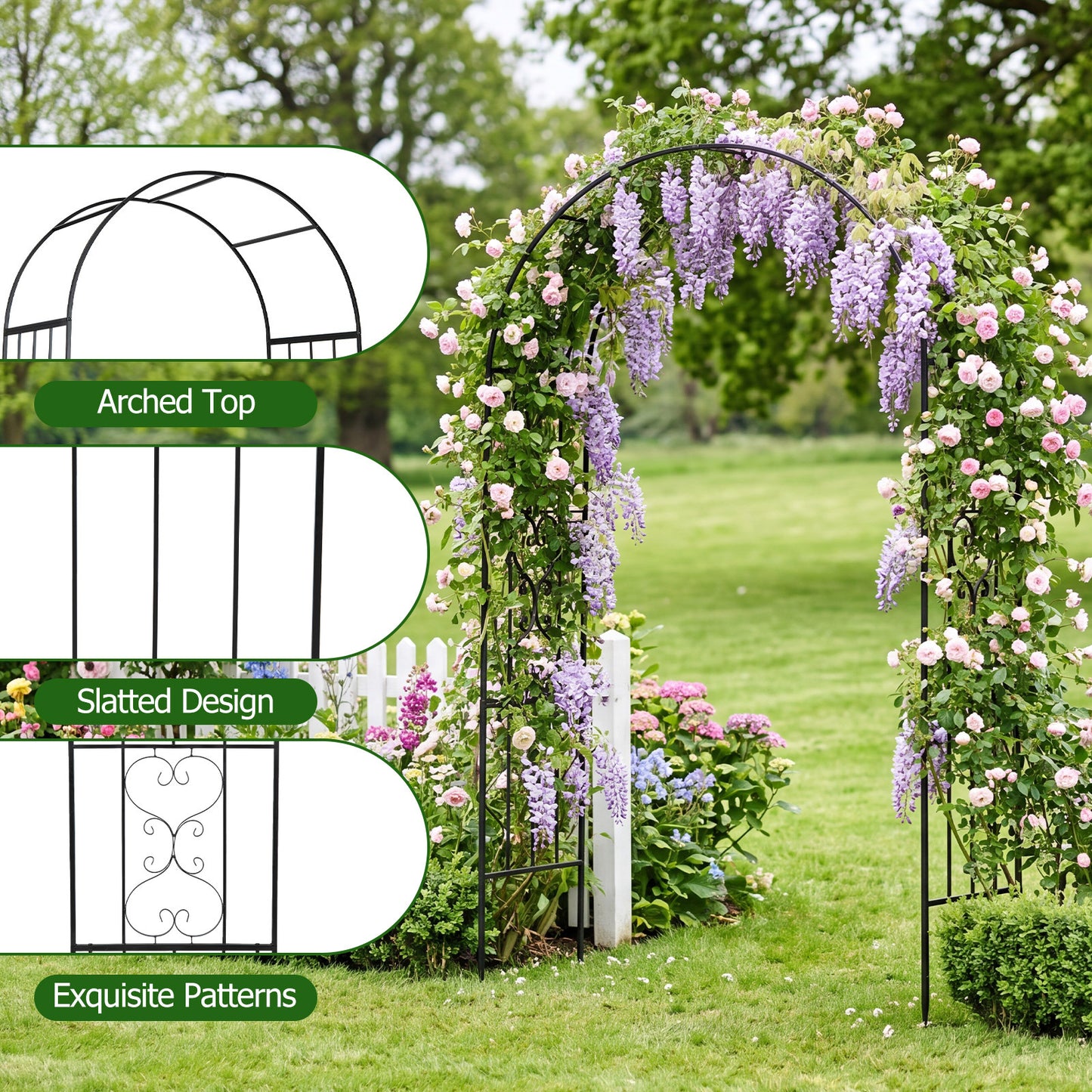 Costway Rosenboog Metaal Weerbestendig Tuinboog voor Klimplanten met 4 Grondpalen Decoratieve Klimboog 117 x 57 x 231 cm Zwart
