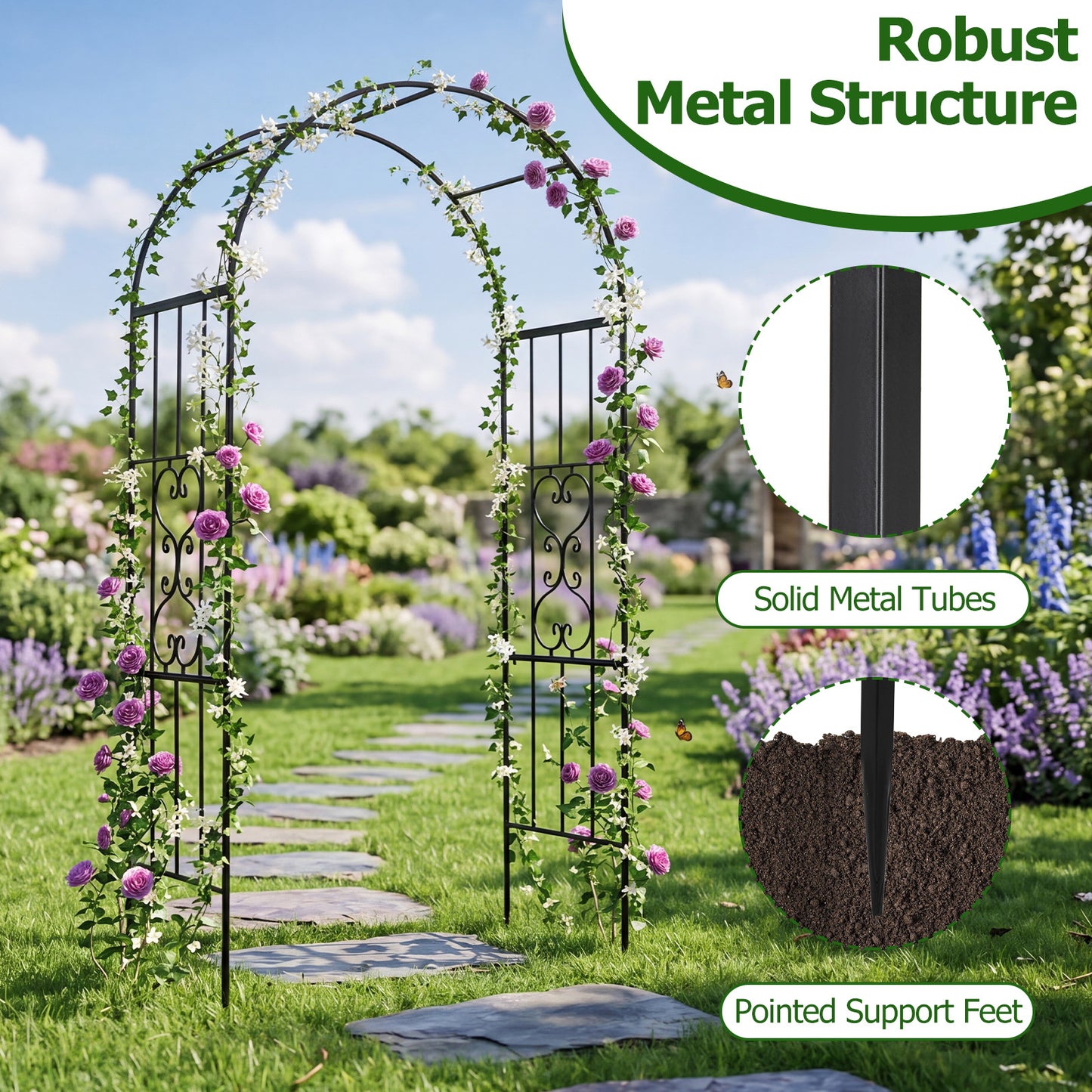 Costway Rosenboog Metaal Weerbestendig Tuinboog voor Klimplanten met 4 Grondpalen Decoratieve Klimboog 117 x 57 x 231 cm Zwart