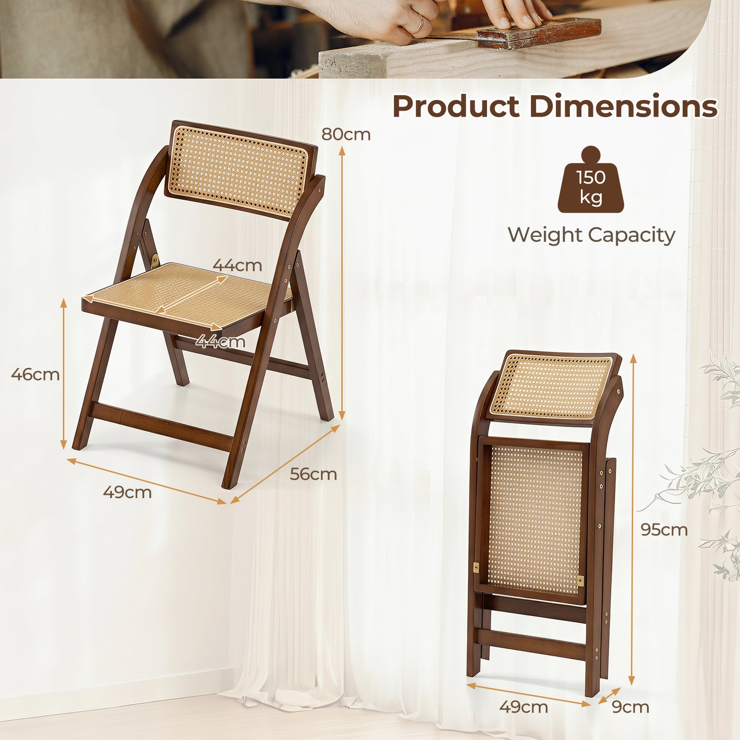 Costway Rotan Klapstoelen in Een Set van 2 Eetkamerstoelen met Bamboeframe Keukenstoelen in Boho Stijl met Draaibare Rugleuning en Een Draagvermogen van 150 kg