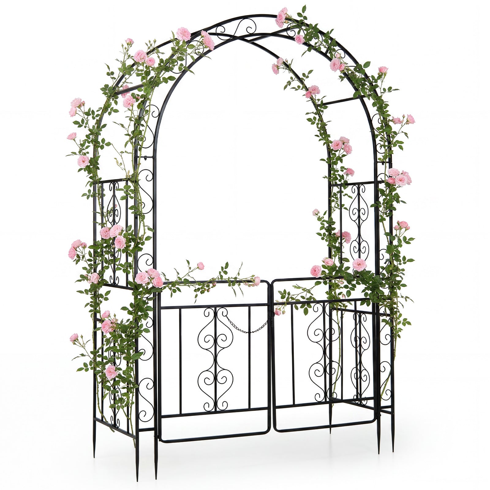 Costway Rozenboog Torbogen van Metaal met Afsluitbare Deur & Aardpinnen Rozenespalier voor Rozen & Klimplanten 135 x 60 x 213 cm Zwart