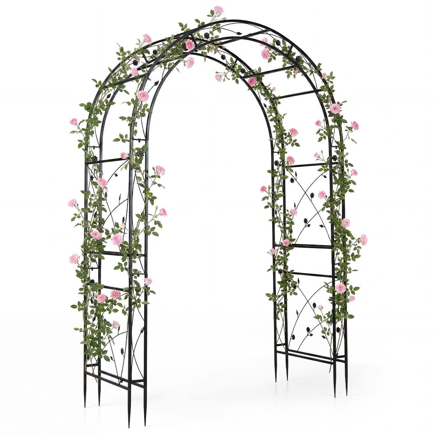 Costway Rozenboog van Poedergecoat Metaal Klimboog met Grondankers Decoratieve Poortboog voor Tuin Bruiloft en Feest 138 x 59 x 213 cm