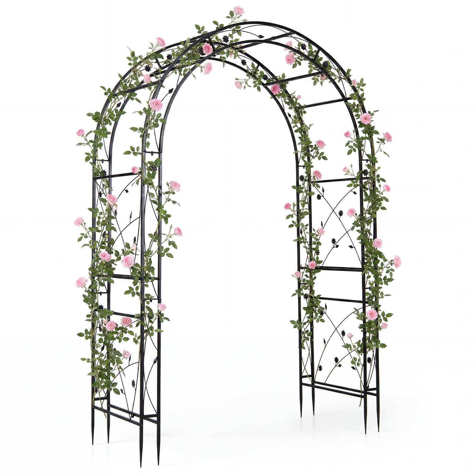 Costway Rozenboog van Poedergecoat Metaal Klimboog met Grondankers Decoratieve Poortboog voor Tuin Bruiloft en Feest 138 x 59 x 213 cm