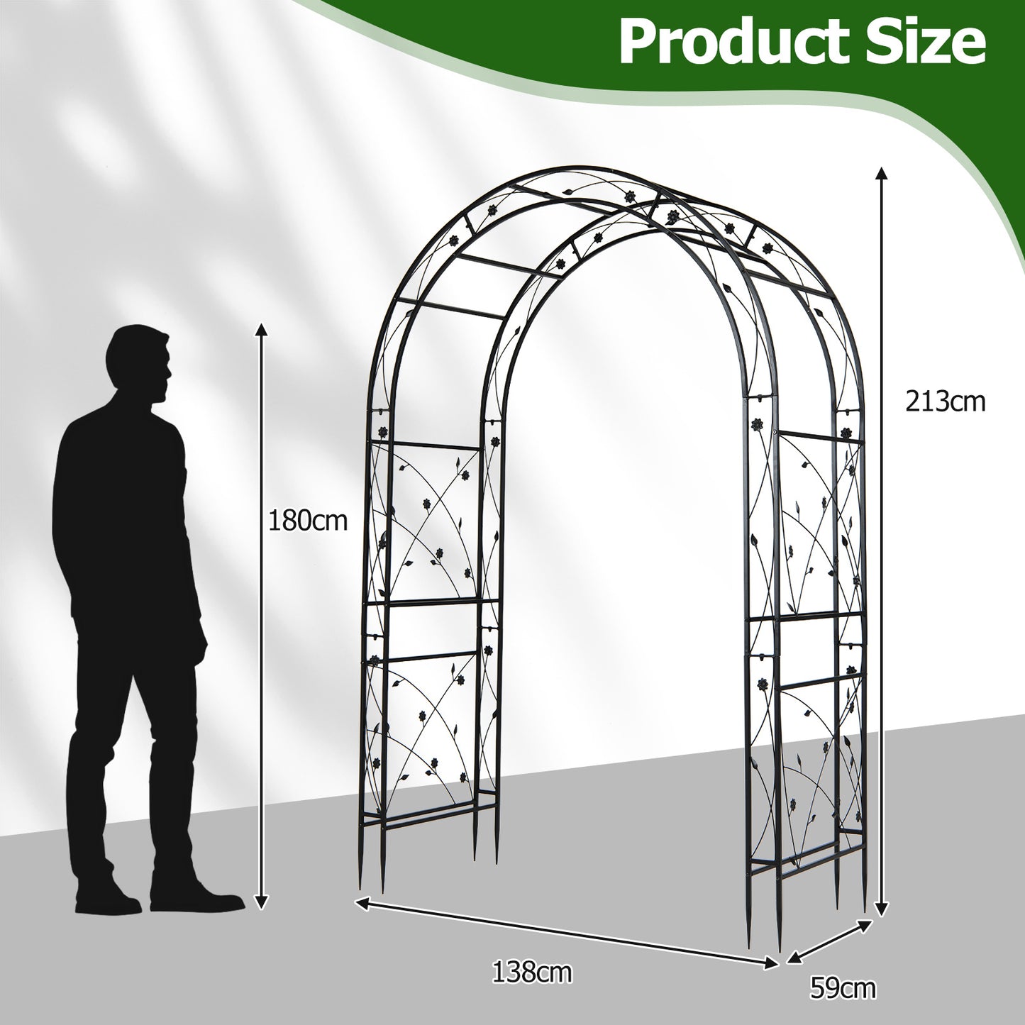 Costway Rozenboog van Poedergecoat Metaal Klimboog met Grondankers Decoratieve Poortboog voor Tuin Bruiloft en Feest 138 x 59 x 213 cm