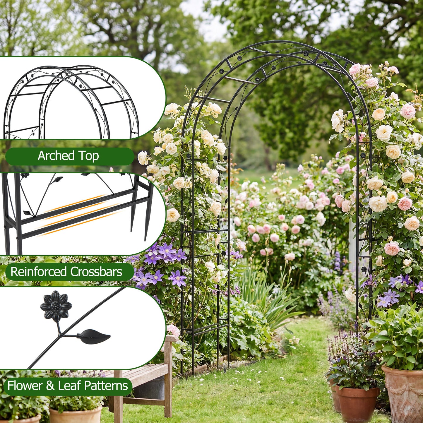 Costway Rozenboog van Poedergecoat Metaal Klimboog met Grondankers Decoratieve Poortboog voor Tuin Bruiloft en Feest 138 x 59 x 213 cm
