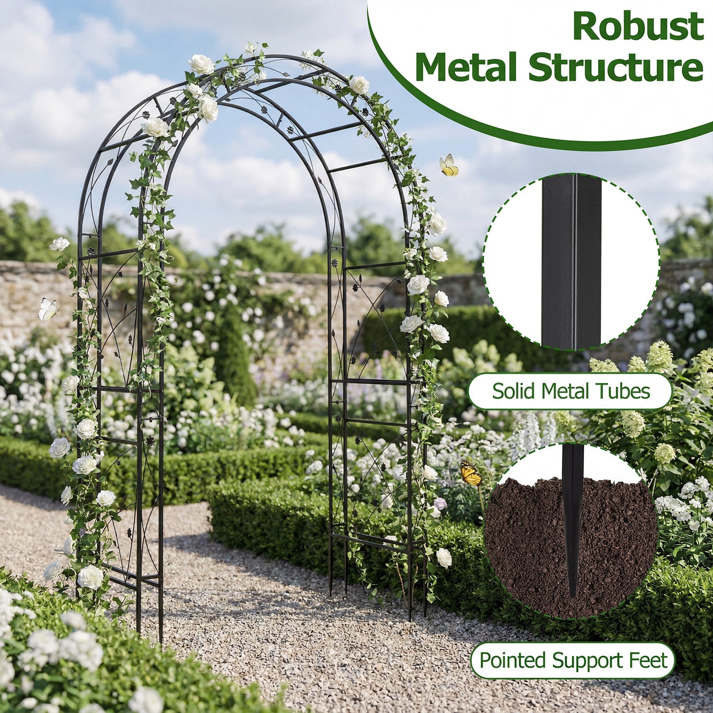 Costway Rozenboog van Poedergecoat Metaal Klimboog met Grondankers Decoratieve Poortboog voor Tuin Bruiloft en Feest 138 x 59 x 213 cm
