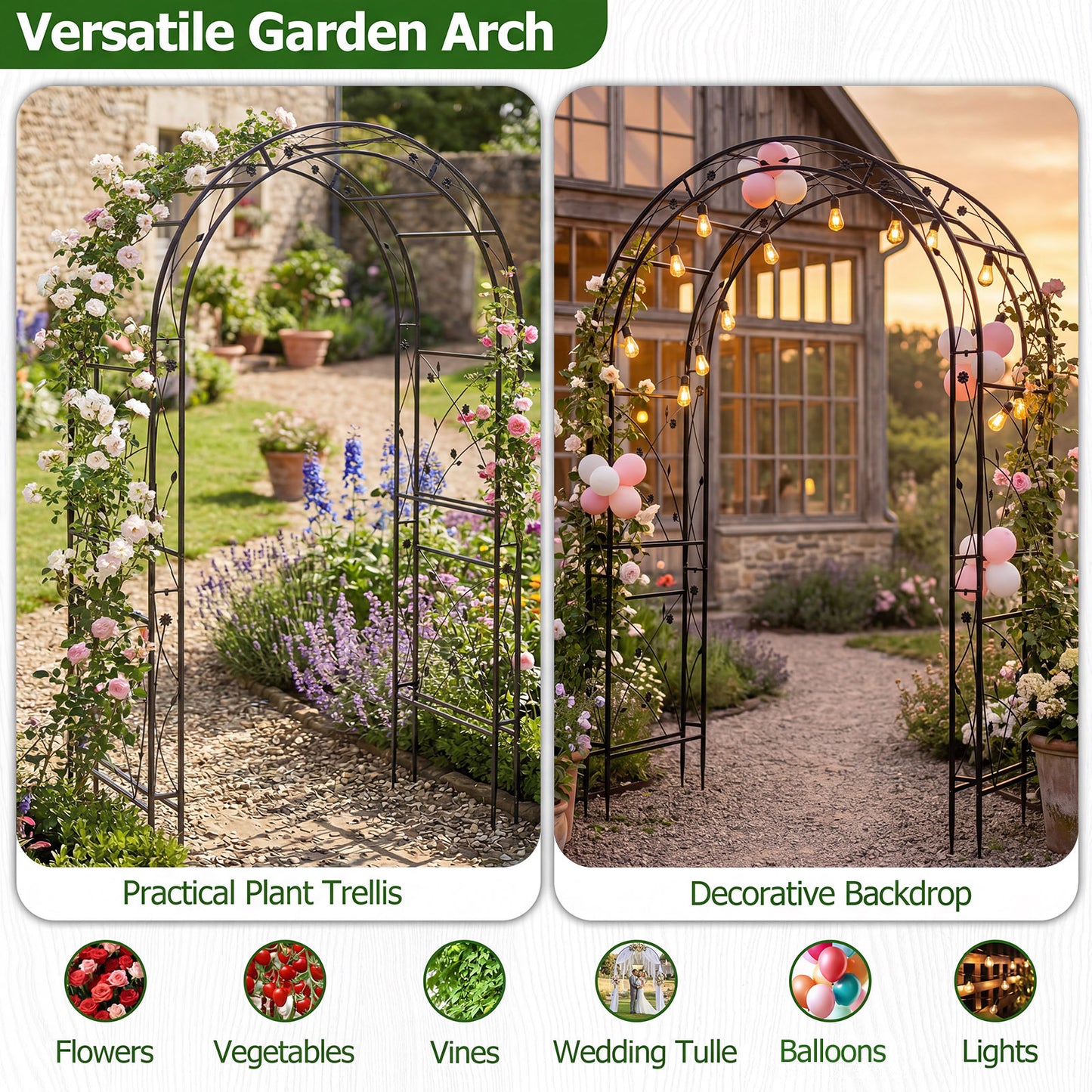Costway Rozenboog van Poedergecoat Metaal Klimboog met Grondankers Decoratieve Poortboog voor Tuin Bruiloft en Feest 138 x 59 x 213 cm