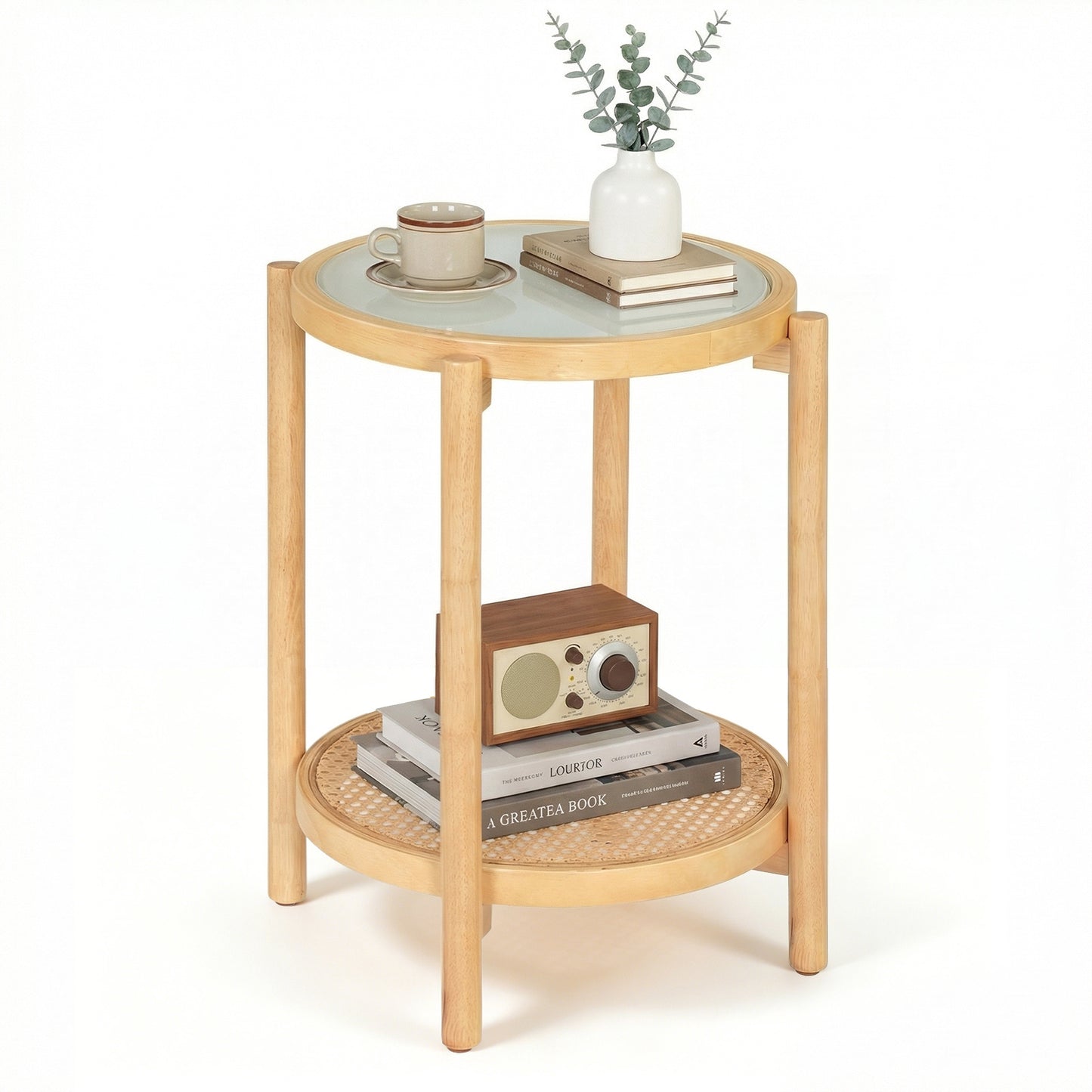 Costway Salontafel in Boho Stijl met Glazen Blad en Rattan Opbergplank