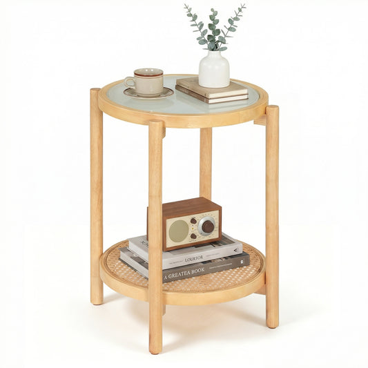Costway Salontafel in Boho Stijl met Glazen Blad en Rattan Opbergplank