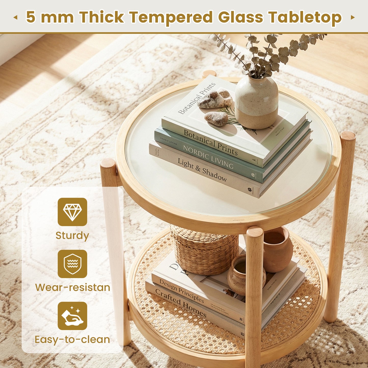 Costway Salontafel in Boho Stijl met Glazen Blad en Rattan Opbergplank