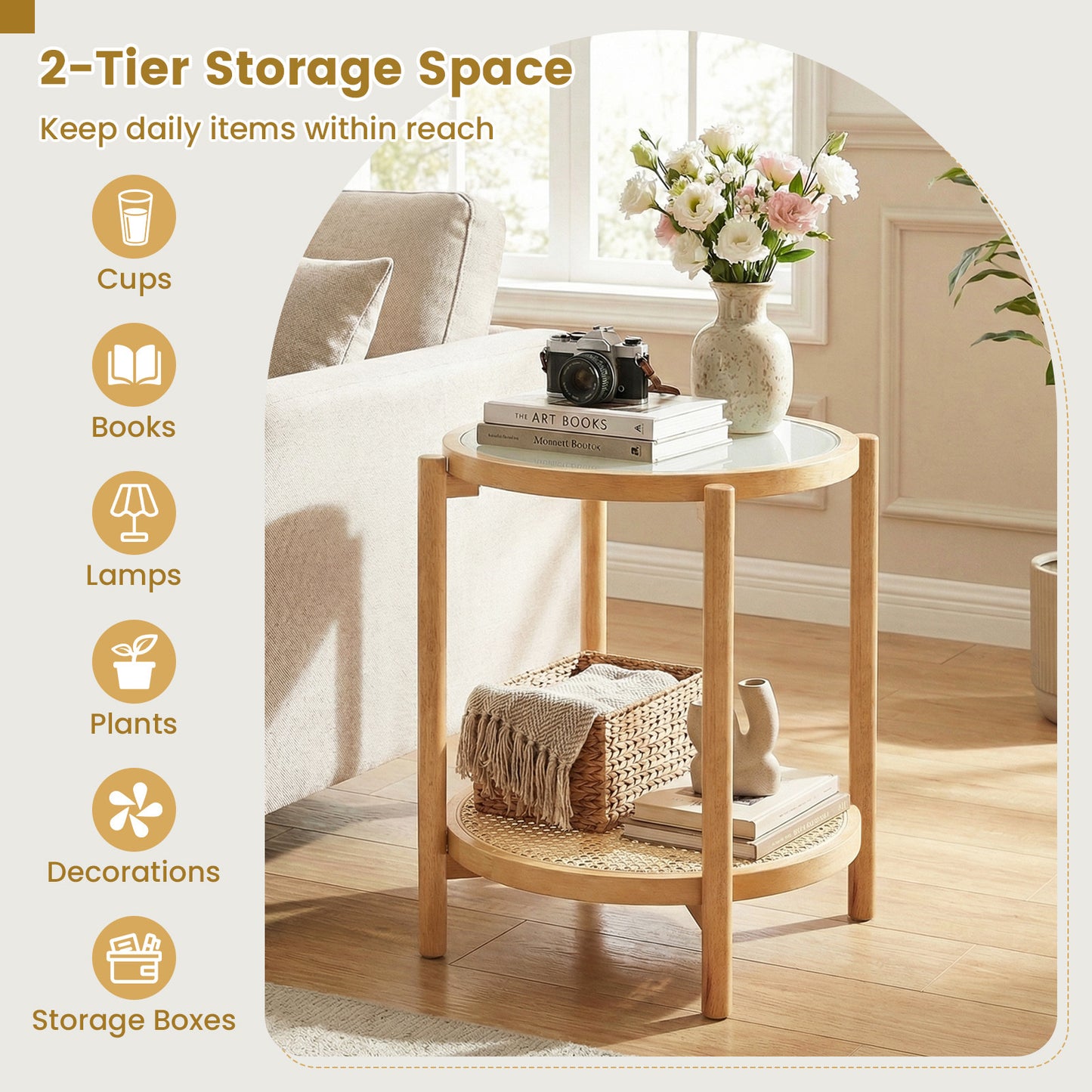Costway Salontafel in Boho Stijl met Glazen Blad en Rattan Opbergplank