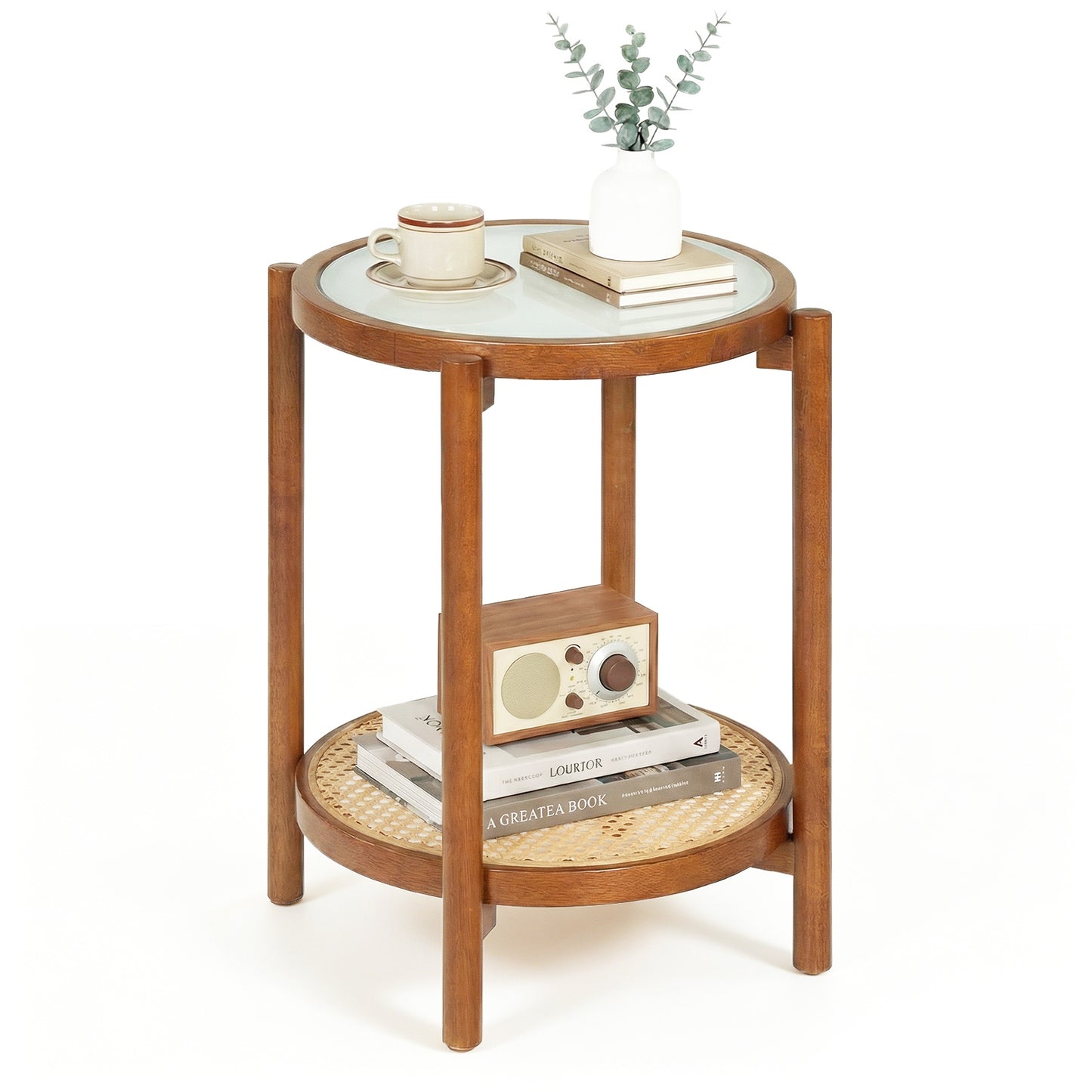 Costway Salontafel in Boho Stijl met Glazen Blad en Rattan Opbergruimte