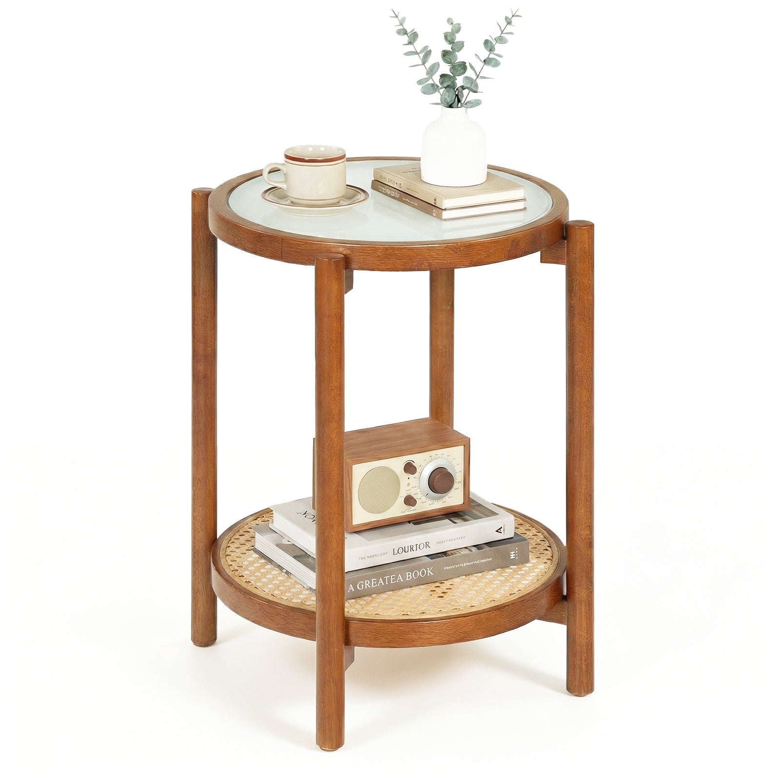 Costway Salontafel in Boho Stijl met Glazen Blad en Rattan Opbergruimte