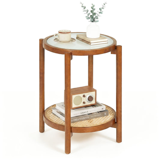 Costway Salontafel in Boho Stijl met Glazen Blad en Rattan Opbergruimte