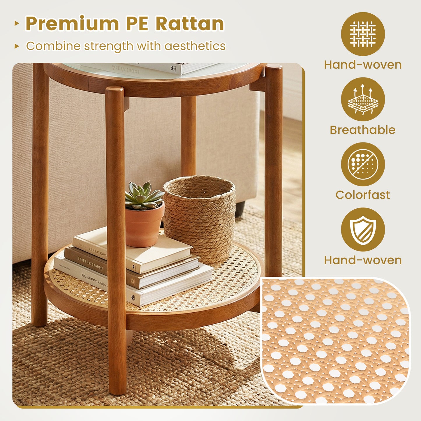 Costway Salontafel in Boho Stijl met Glazen Blad en Rattan Opbergruimte