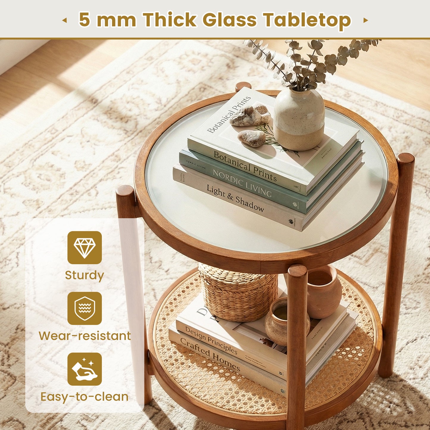 Costway Salontafel in Boho Stijl met Glazen Blad en Rattan Opbergruimte