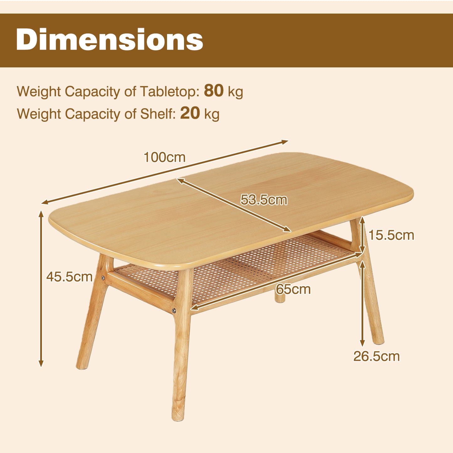 Costway Salontafel met Rotan Plank Rechthoekige Salontafel met Twee Niveaus en Poten van Rubberhout Naturel