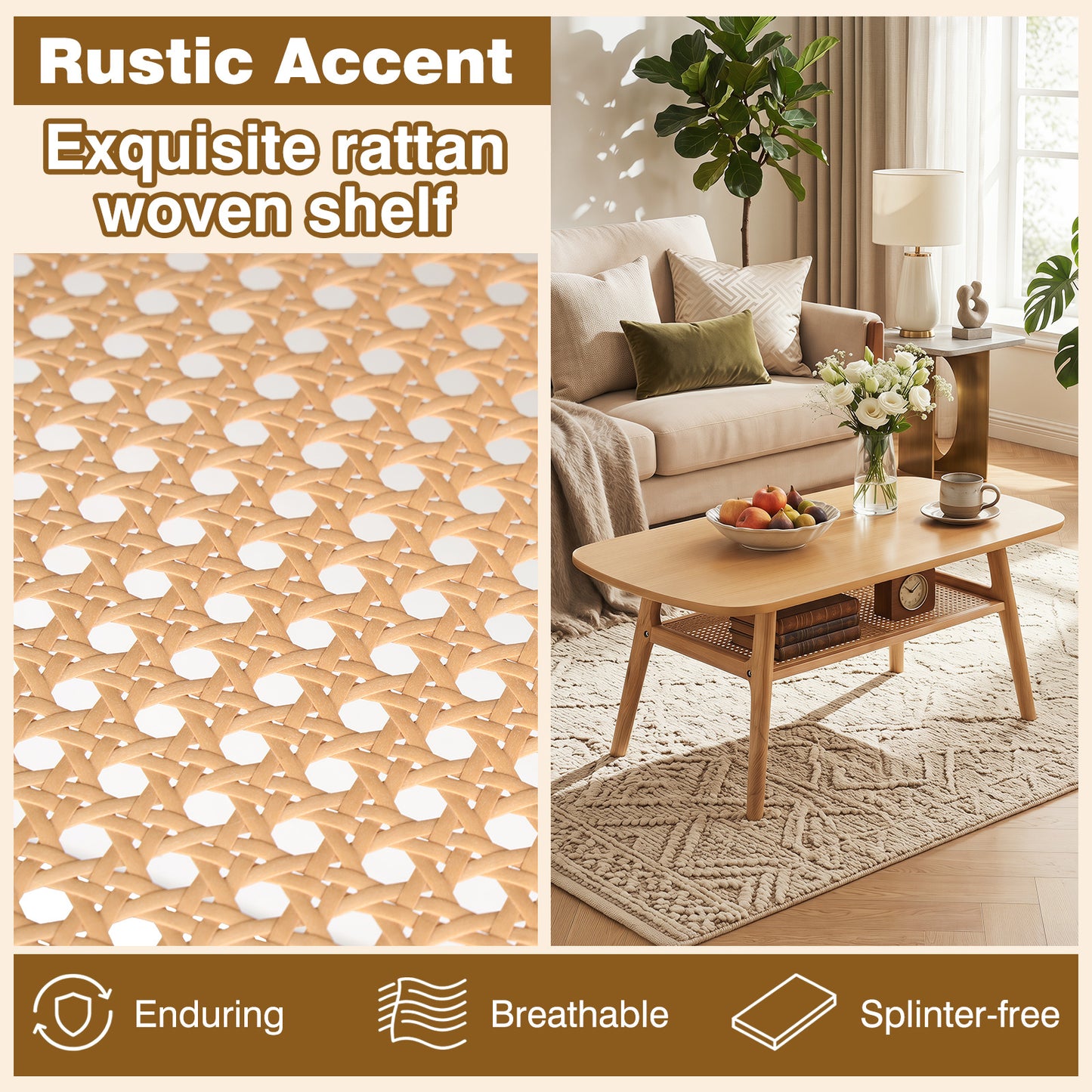 Costway Salontafel met Rotan Plank Rechthoekige Salontafel met Twee Niveaus en Poten van Rubberhout Naturel