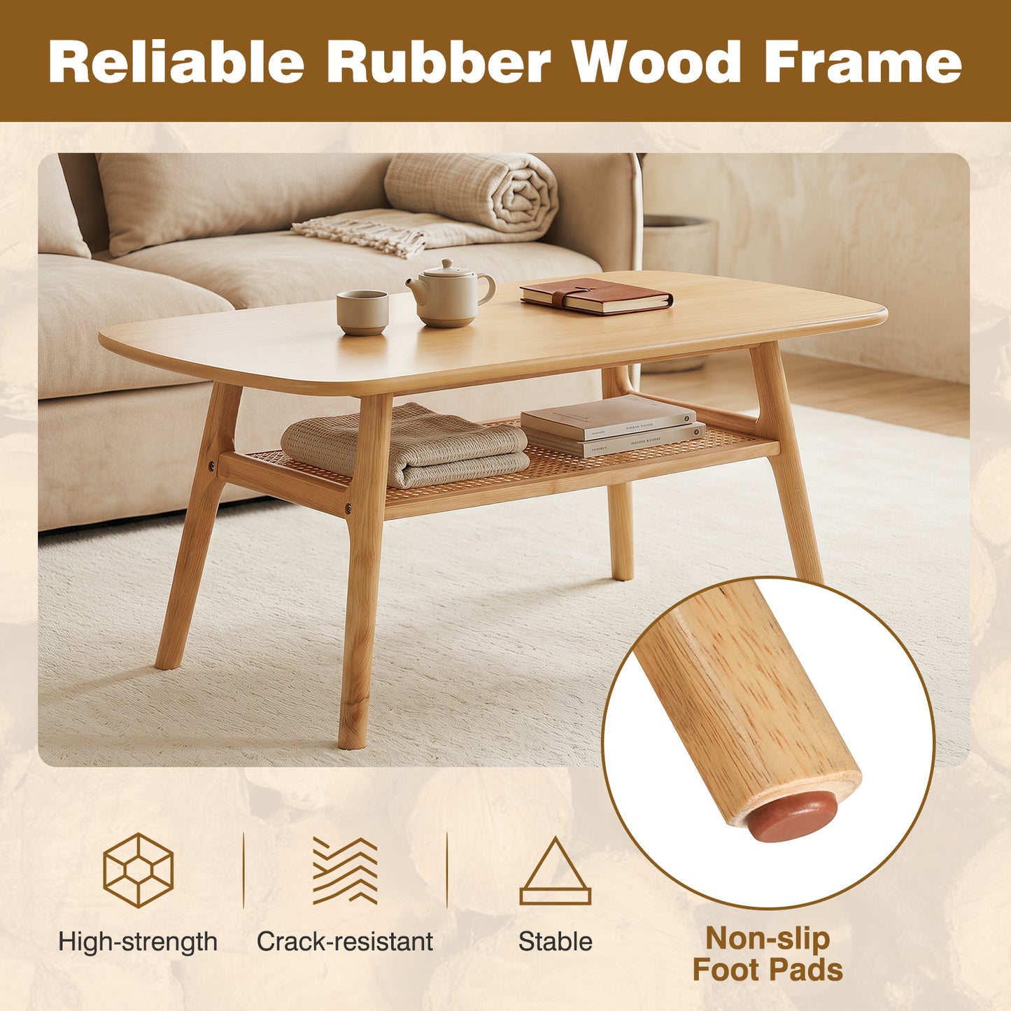 Costway Salontafel met Rotan Plank Rechthoekige Salontafel met Twee Niveaus en Poten van Rubberhout Naturel